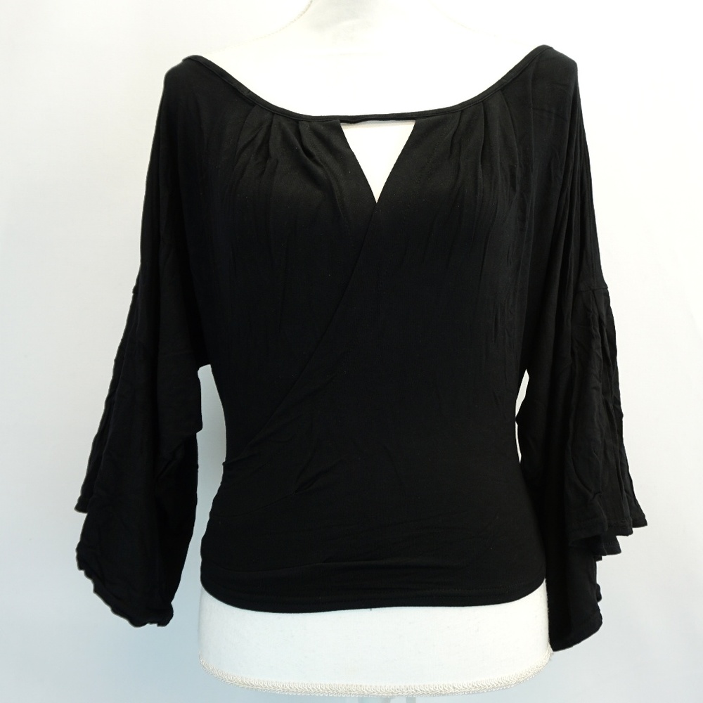 Free People Women's Top XS Bell Sleeve Surplice Keyhole Blouse Shirt Black